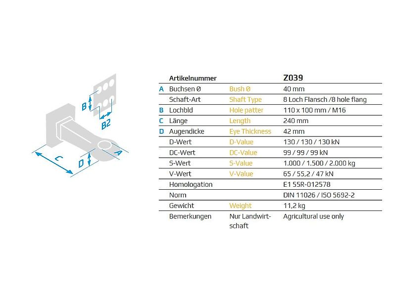 RUHLICKE Ucho dyszla fi40 przykręcane 110x100mm końcówka dyszla